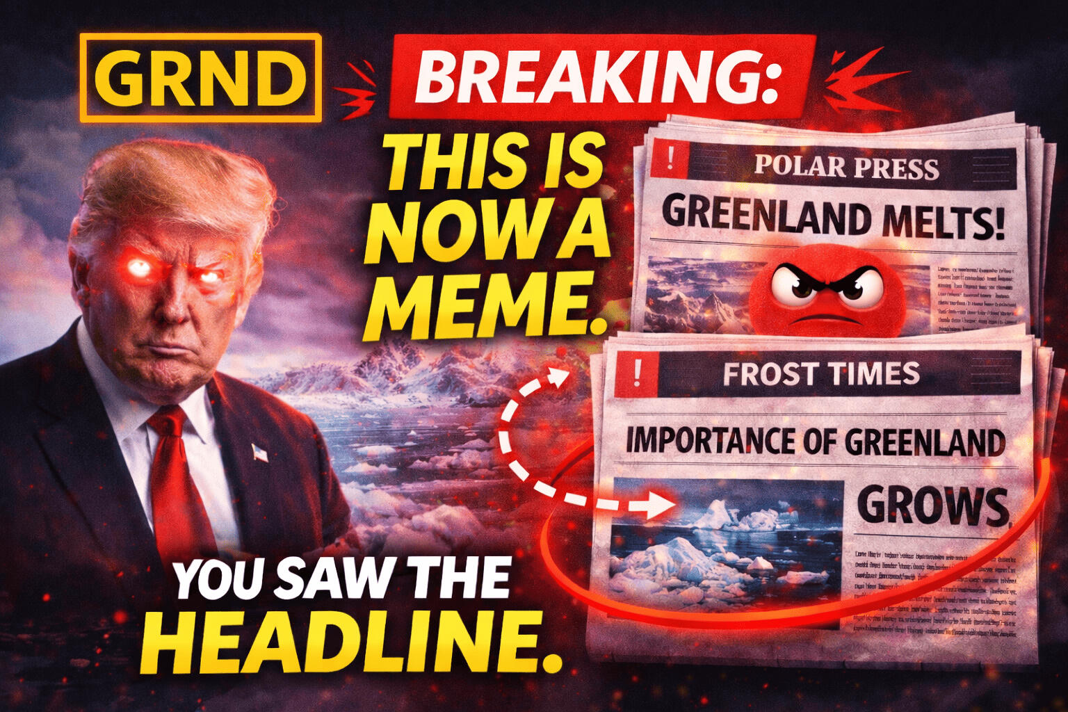 GRND meme banner showing Greenland ice and news headlines